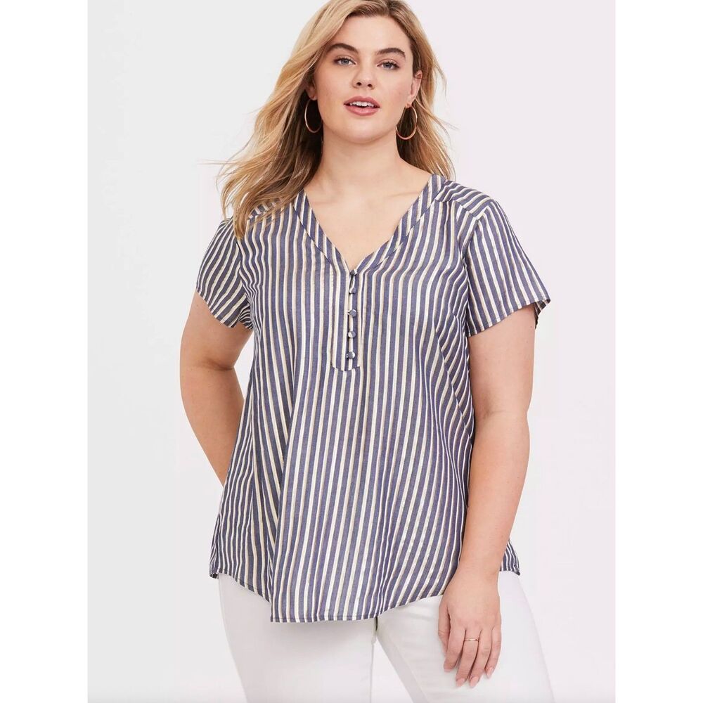 Torrid Women's Gold Blue Lurex Stripe Short Sleeve Blouse Sz 3x 22-24 V-Neck